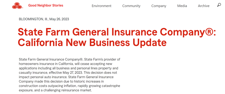 State Farm Ceases New Property and Business Insurance applications in CA